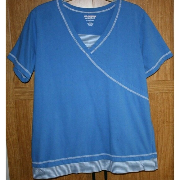 Women's Blue Knit Top All American Comfort V Neck Inset SZ L Pullover GUC - Picture 1 of 4